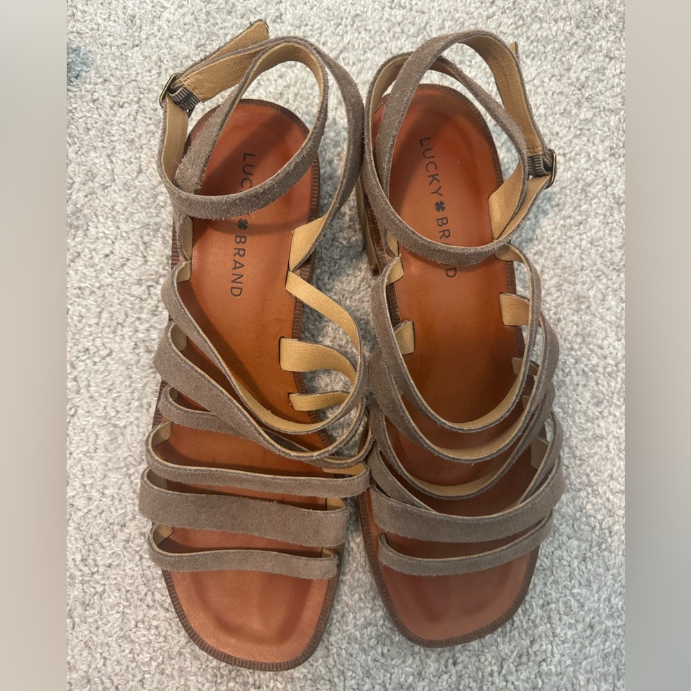 Lucky Brand Strappy Sandals - Low Heel - Gray and Brown Suede - Sz 8.5